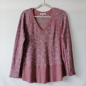 Anthropologie Eri + Ali Women's Mauve-White V-Neck Ribbed Sweater Size Small
